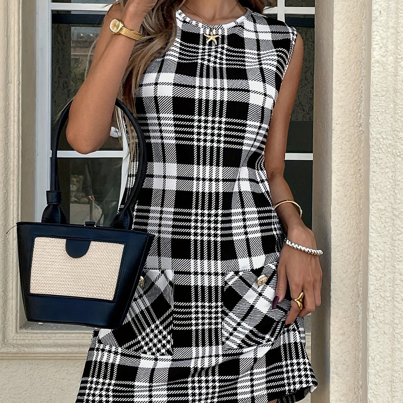 Vestido de mujer con estampado de cuadros y bolsillos – Corte en línea A