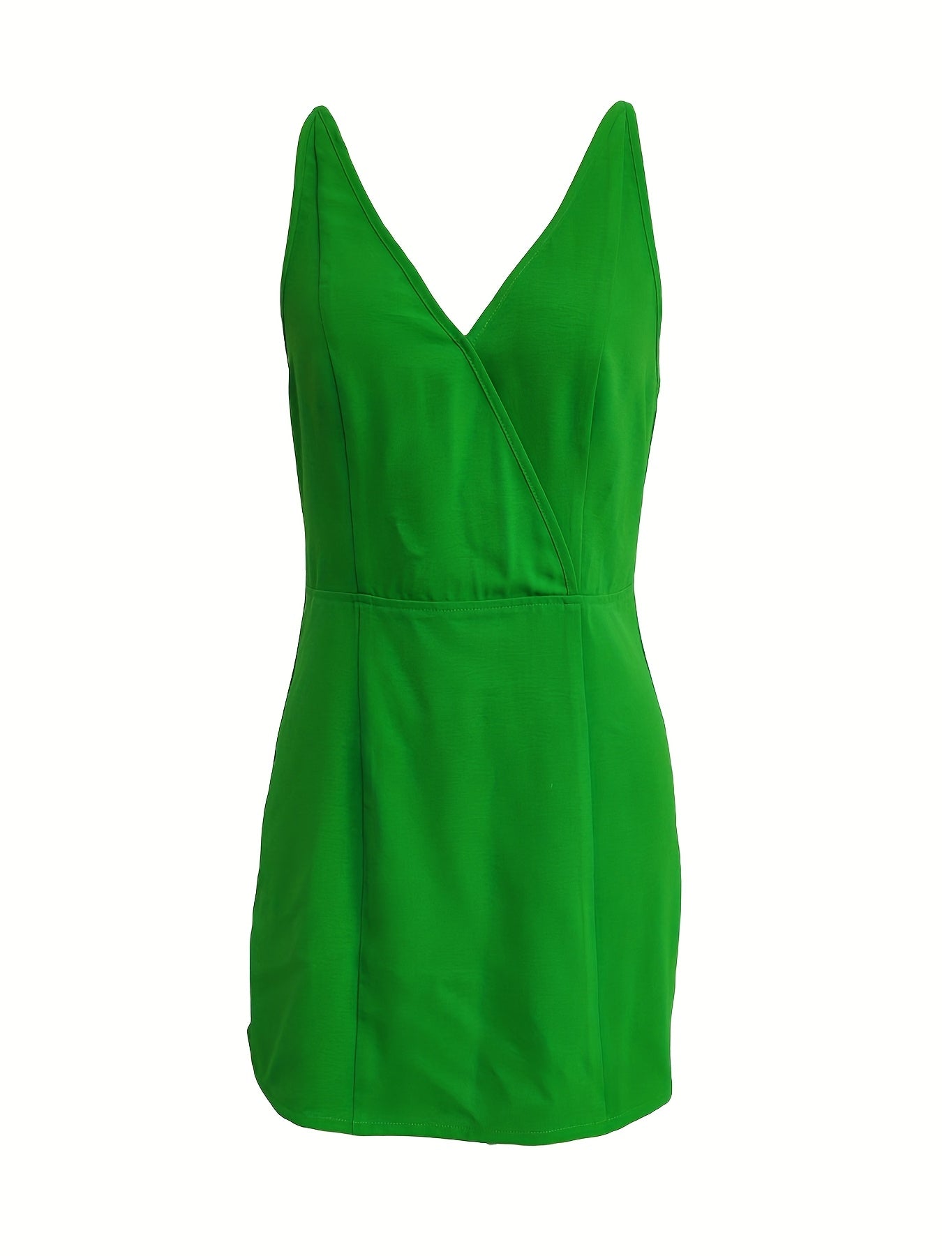 Elegante vestido verde ajustado con escote en V y sin mangas – con estilo para el verano