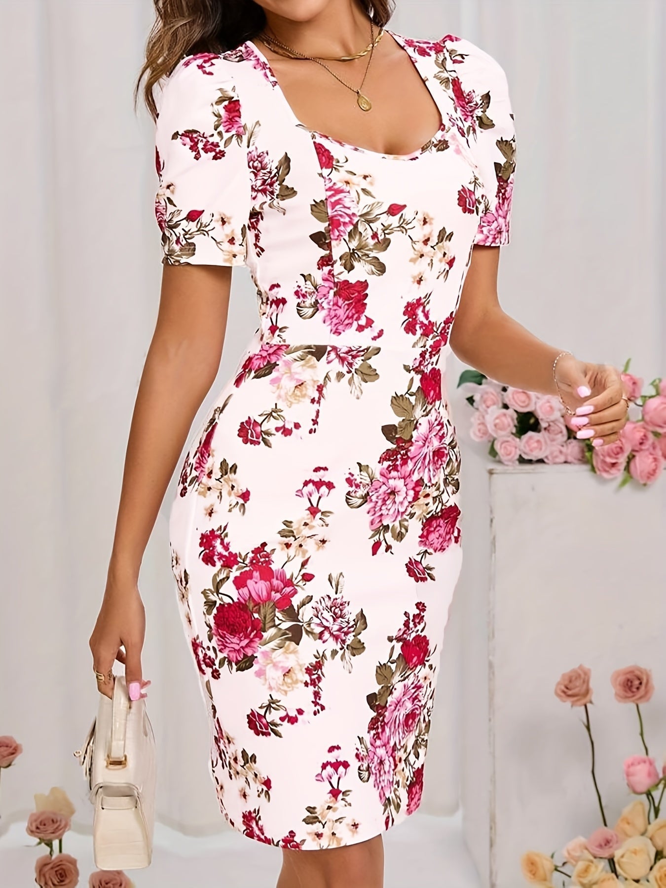 Vestido de mujer con estampado floral, escote cuadrado y cremallera