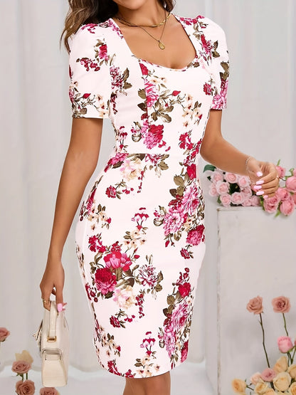 Vestido de mujer con estampado floral, escote cuadrado y cremallera