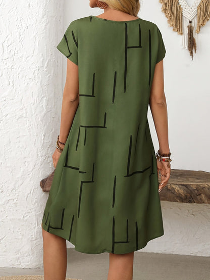 Vestido midi con mangas cortas y estampado de rayas – Verde