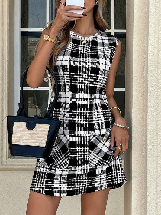 Vestido de mujer con estampado de cuadros y bolsillos – Corte en línea A