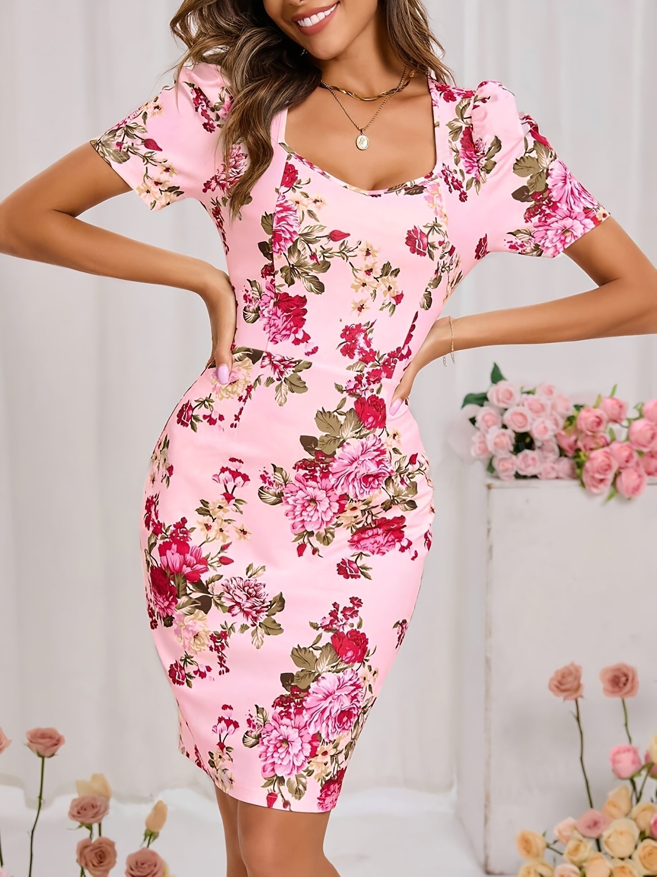 Vestido de mujer con estampado floral, escote cuadrado y cremallera
