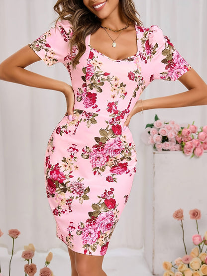 Vestido de mujer con estampado floral, escote cuadrado y cremallera