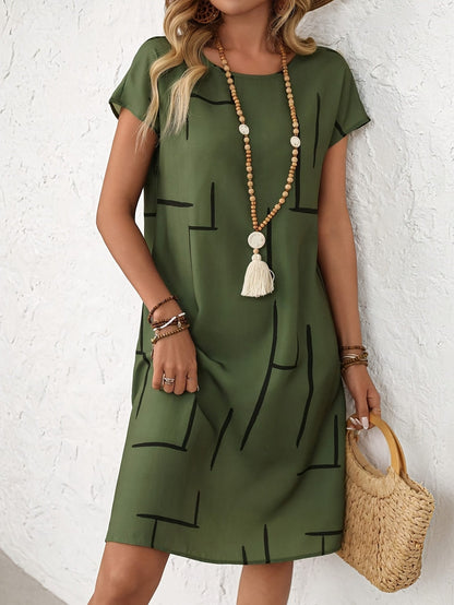Vestido midi con mangas cortas y estampado de rayas – Verde