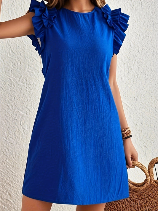 Vestido de verano azul sin mangas con volantes – Look casual para las vacaciones.