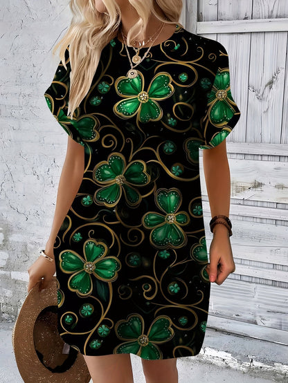 Vestido negro para mujer con trébol verde y estampado dorado – Elástico y cómodo.