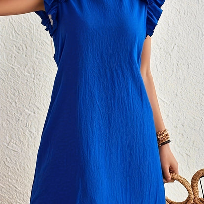 Vestido de verano azul sin mangas con volantes – Look casual para las vacaciones.