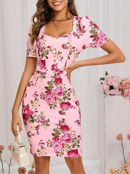 Vestido de mujer con estampado floral, escote cuadrado y cremallera