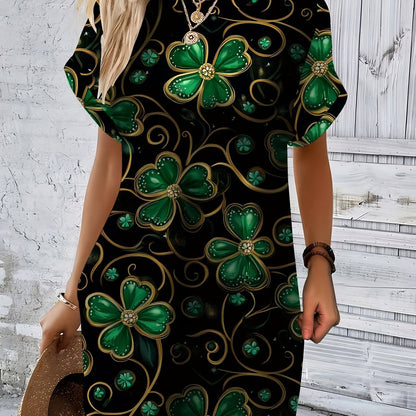 Vestido negro para mujer con trébol verde y estampado dorado – Elástico y cómodo.